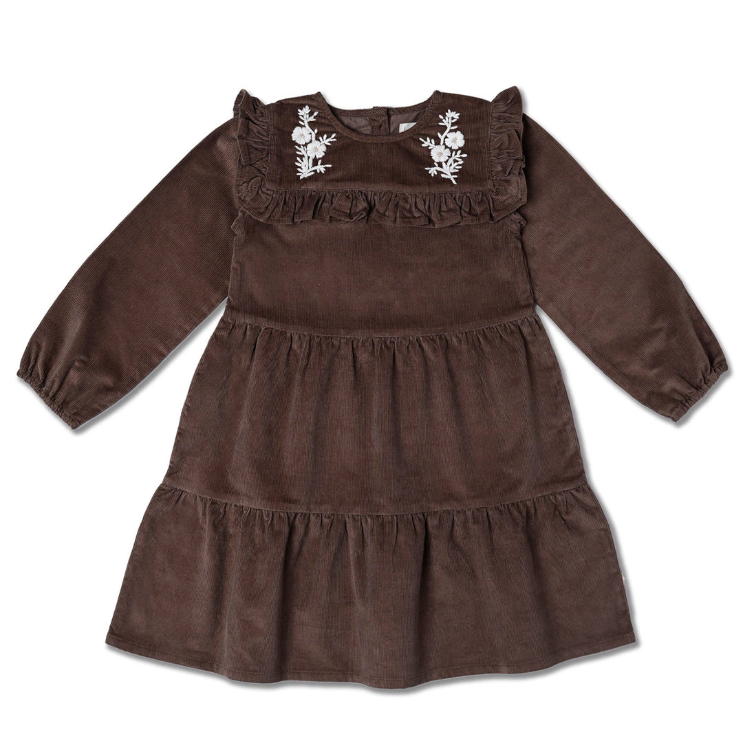 Organic Embroidered Corduroy Dress | Dark Brown