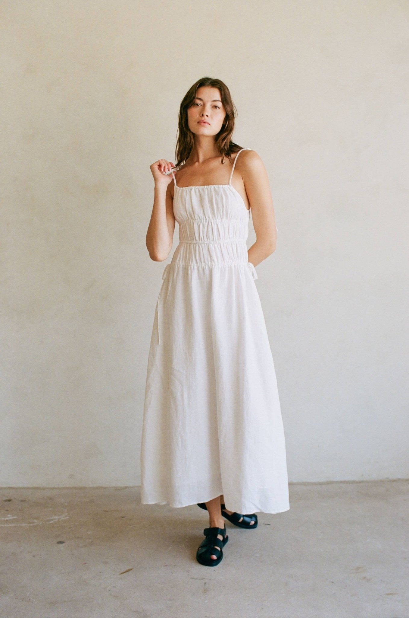 a ren linen dress Maxi Ruffle Sleeveless Bandage V-Neck, The Jungle Lotus Edit 35% CottonCare NoteHand Wash Color:Blush Gold