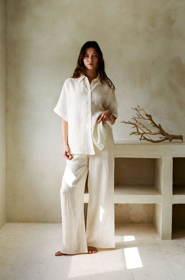 Woven Linen Wide Leg Pants | Off White - Echo Market