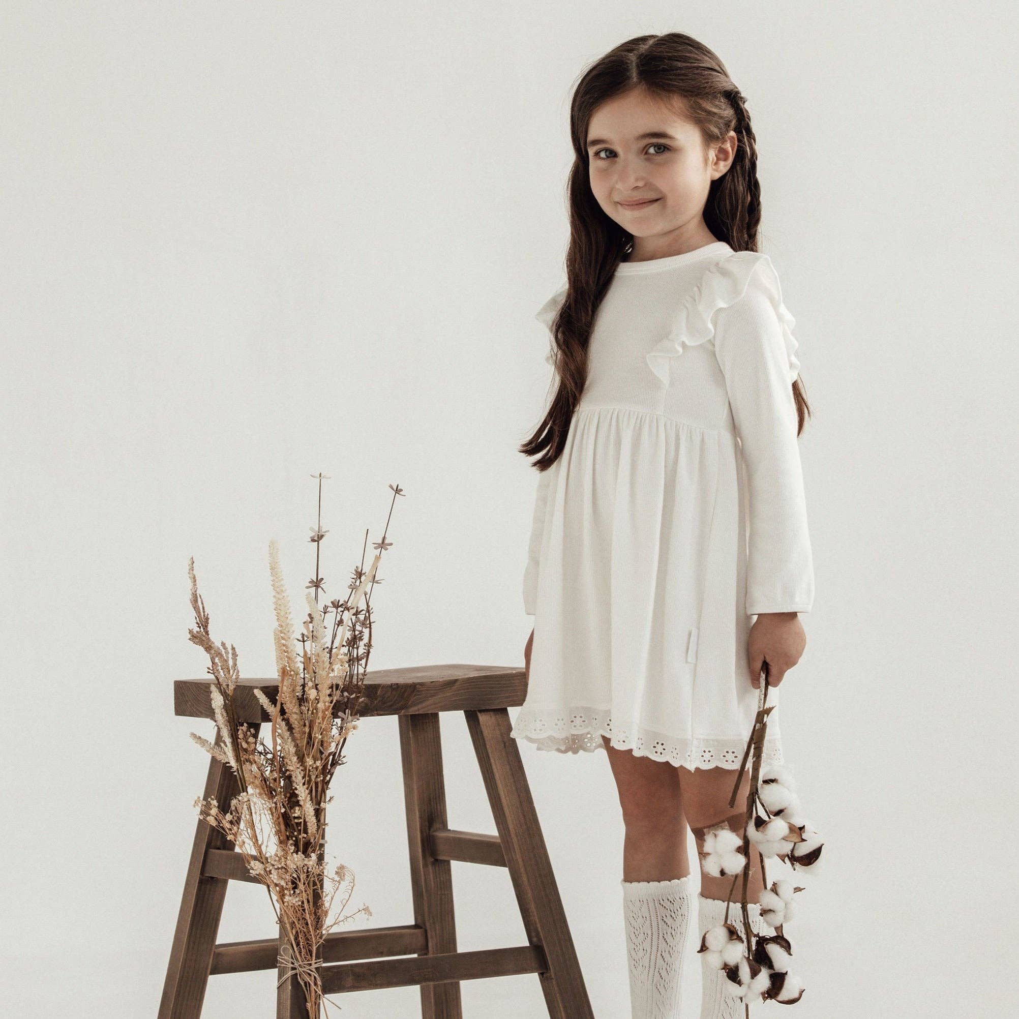 Snow Rib Ruffle Dress, Snow White / 1yr
