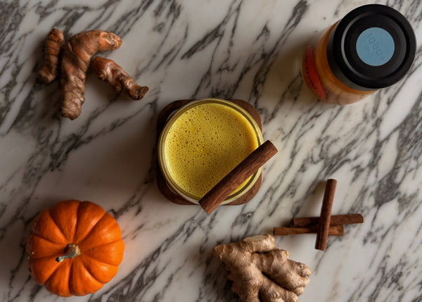A ginger turmeric tonic surrounded by fresh ginger, cinnamon sticks, turmeric, and a mini pumpkin