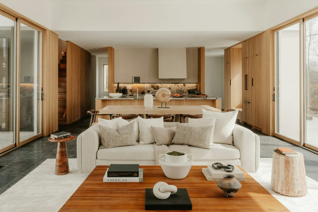 A serene living room and kitchen scene