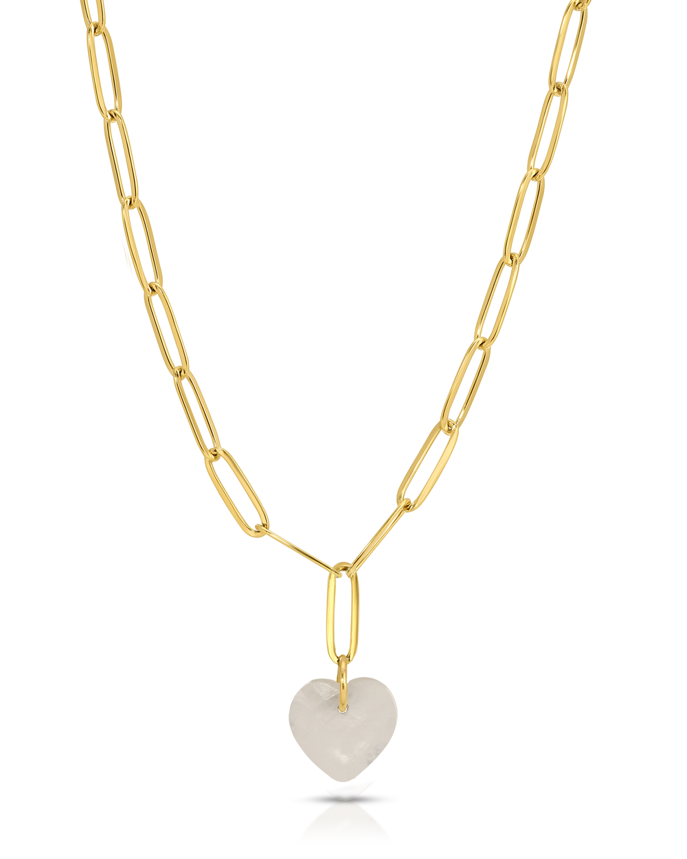 Gold chain necklace with a heart-shaped pendant on a white background