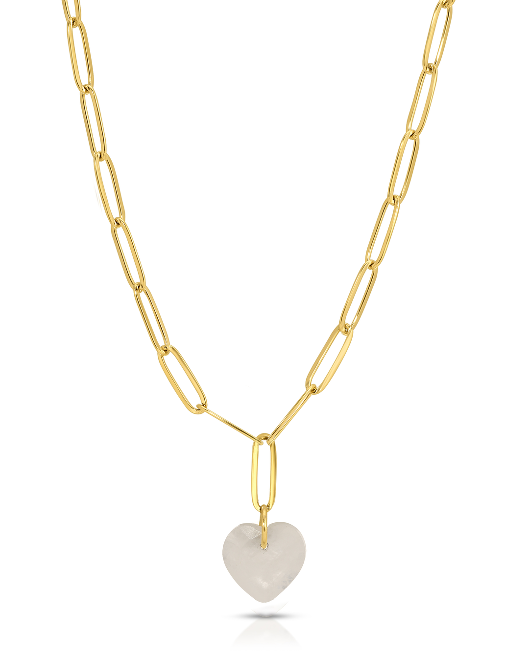 Gold chain necklace with a heart-shaped pendant on a white background