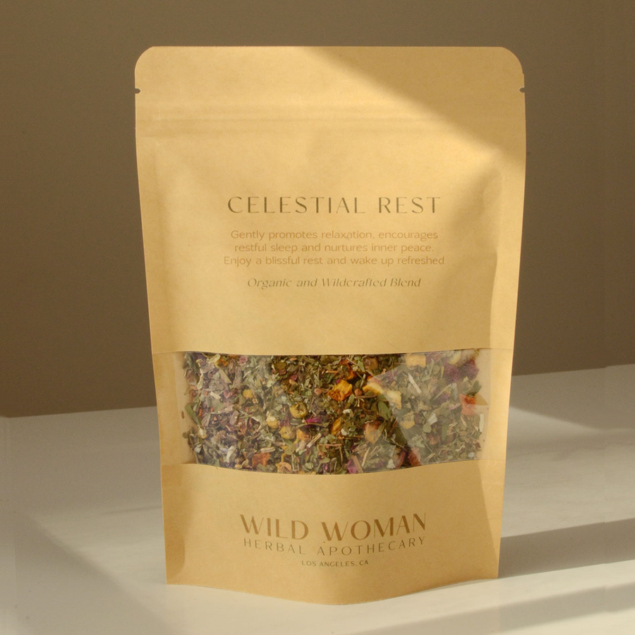 Bag of 'Celestial Rest' from Wild Woman Herbal Apothecary on a neutral background