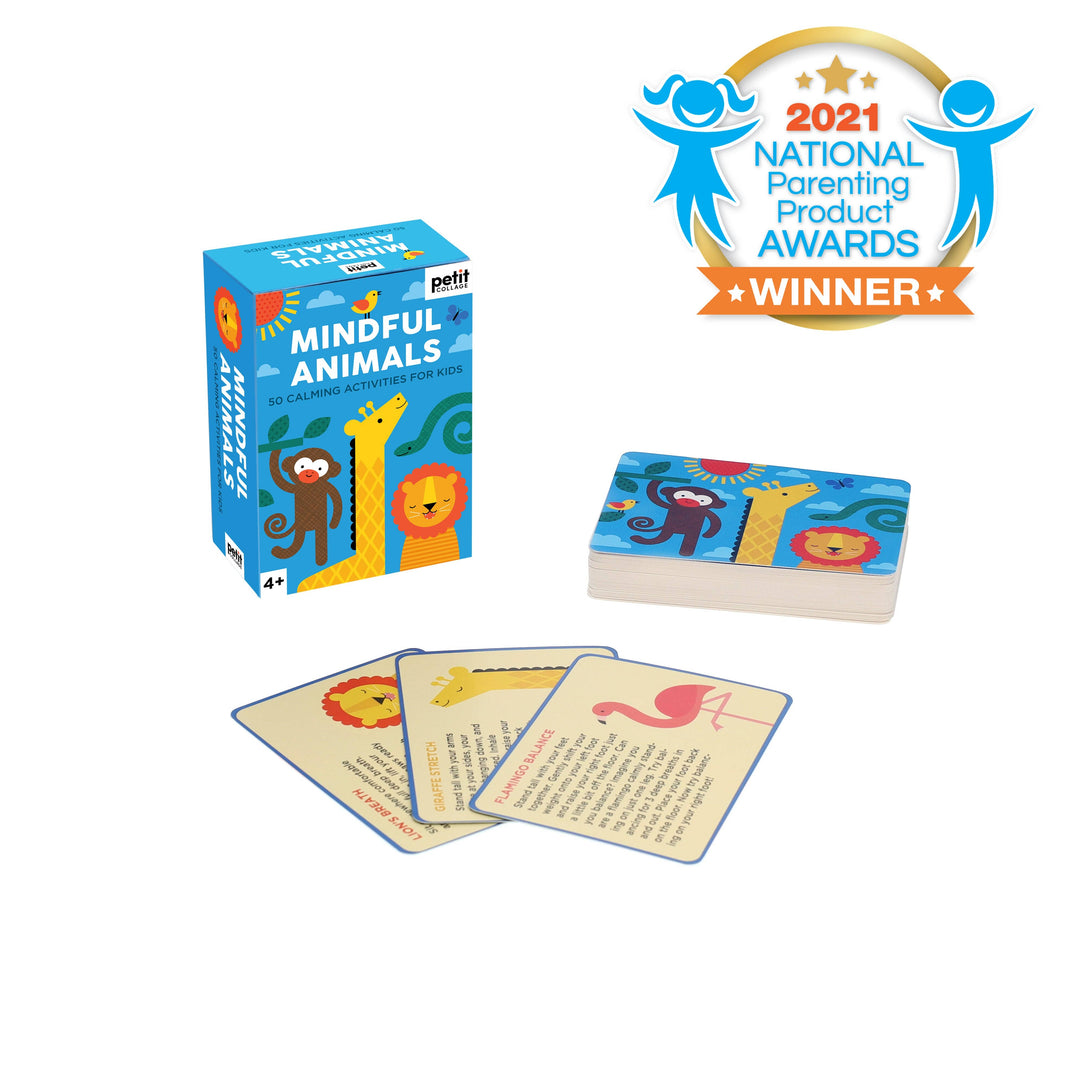 Mindful Animals card game with packaging and cards on a white background, featuring a 2021 National Parenting Product Awards winner badge.