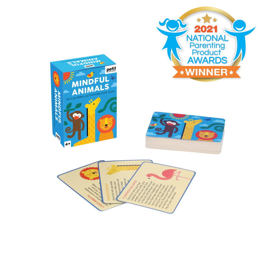 Mindful Animals card game with packaging and cards on a white background, featuring a 2021 National Parenting Product Awards winner badge.