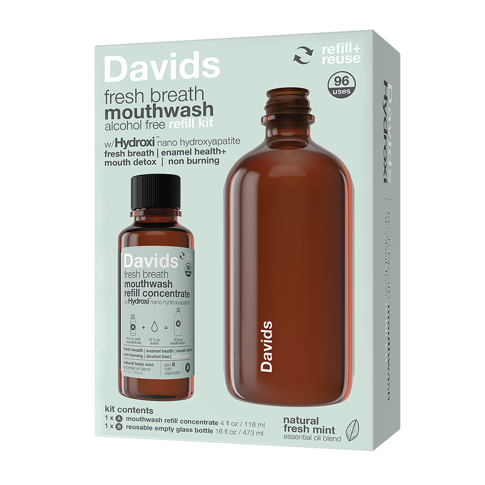Davids fresh breath mouthwash refill kit with brown bottle on light green background