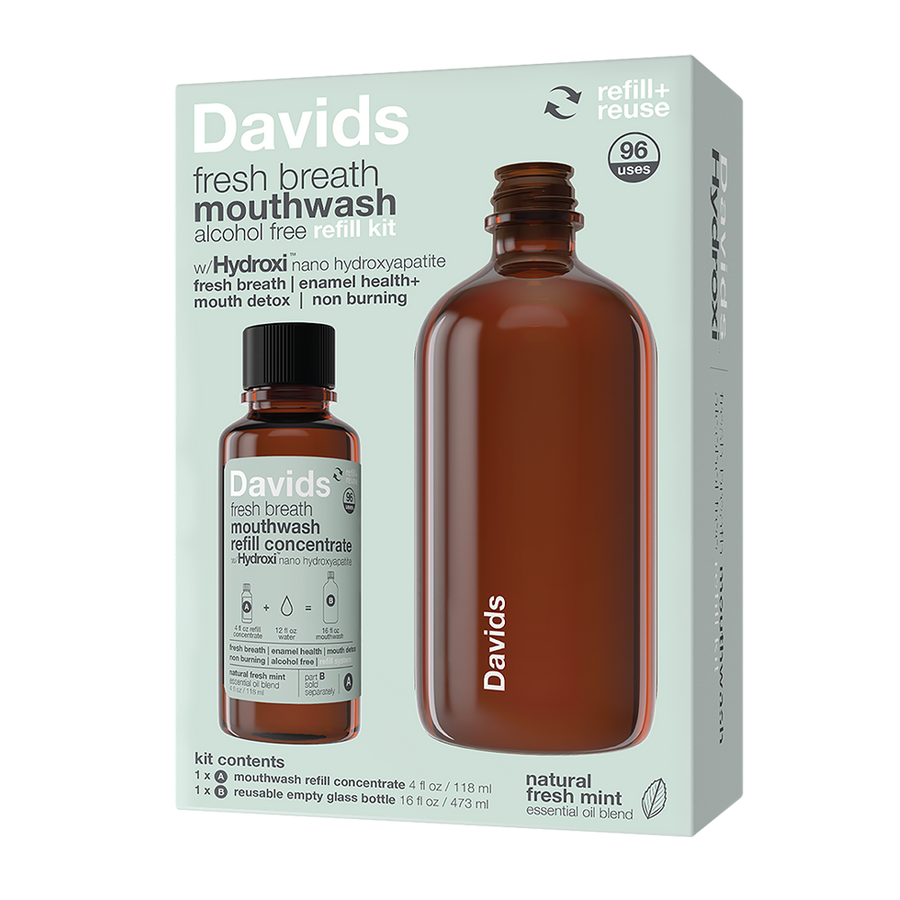Davids fresh breath mouthwash refill kit with brown bottle on light green background