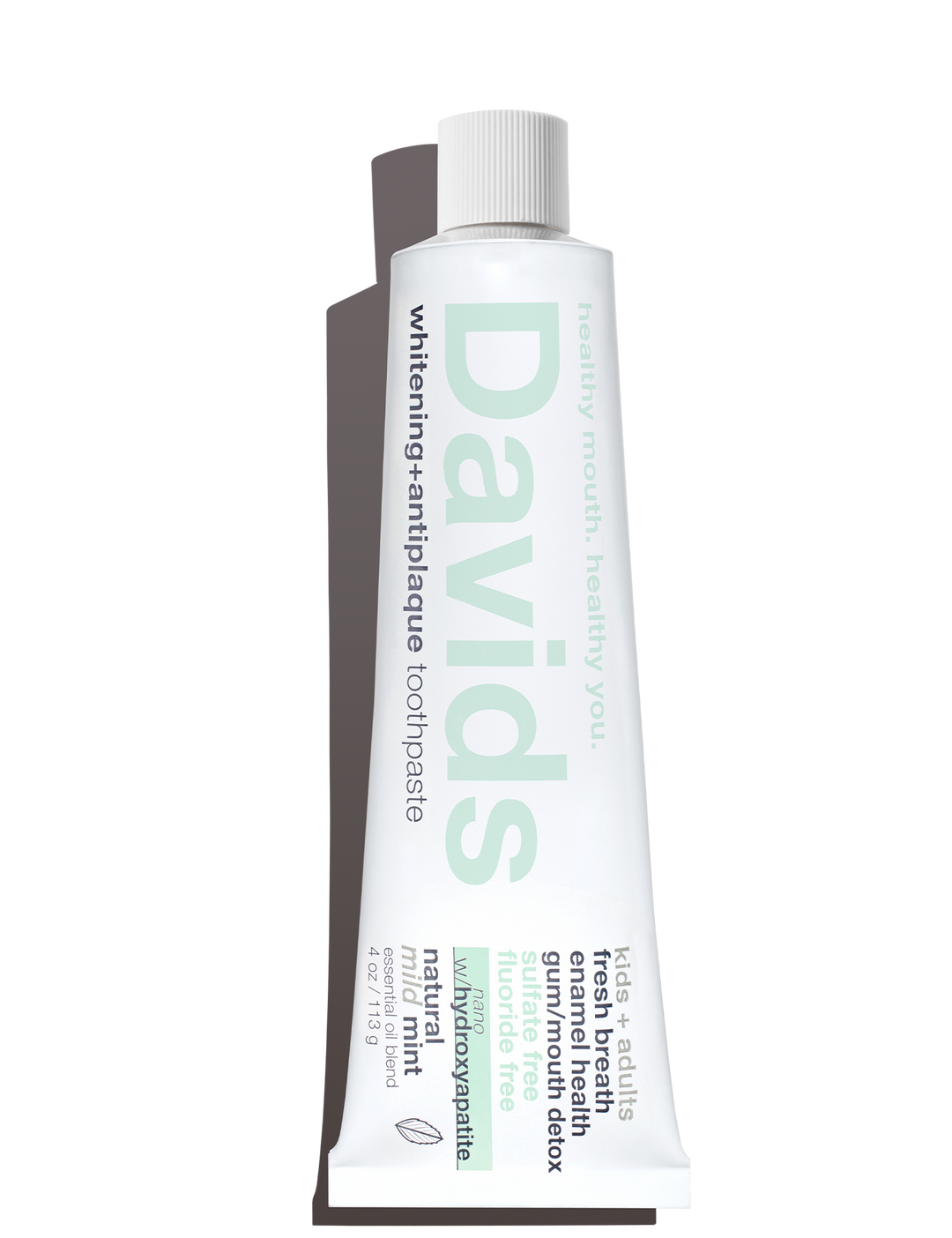 Tube of Davids toothpaste on a white background