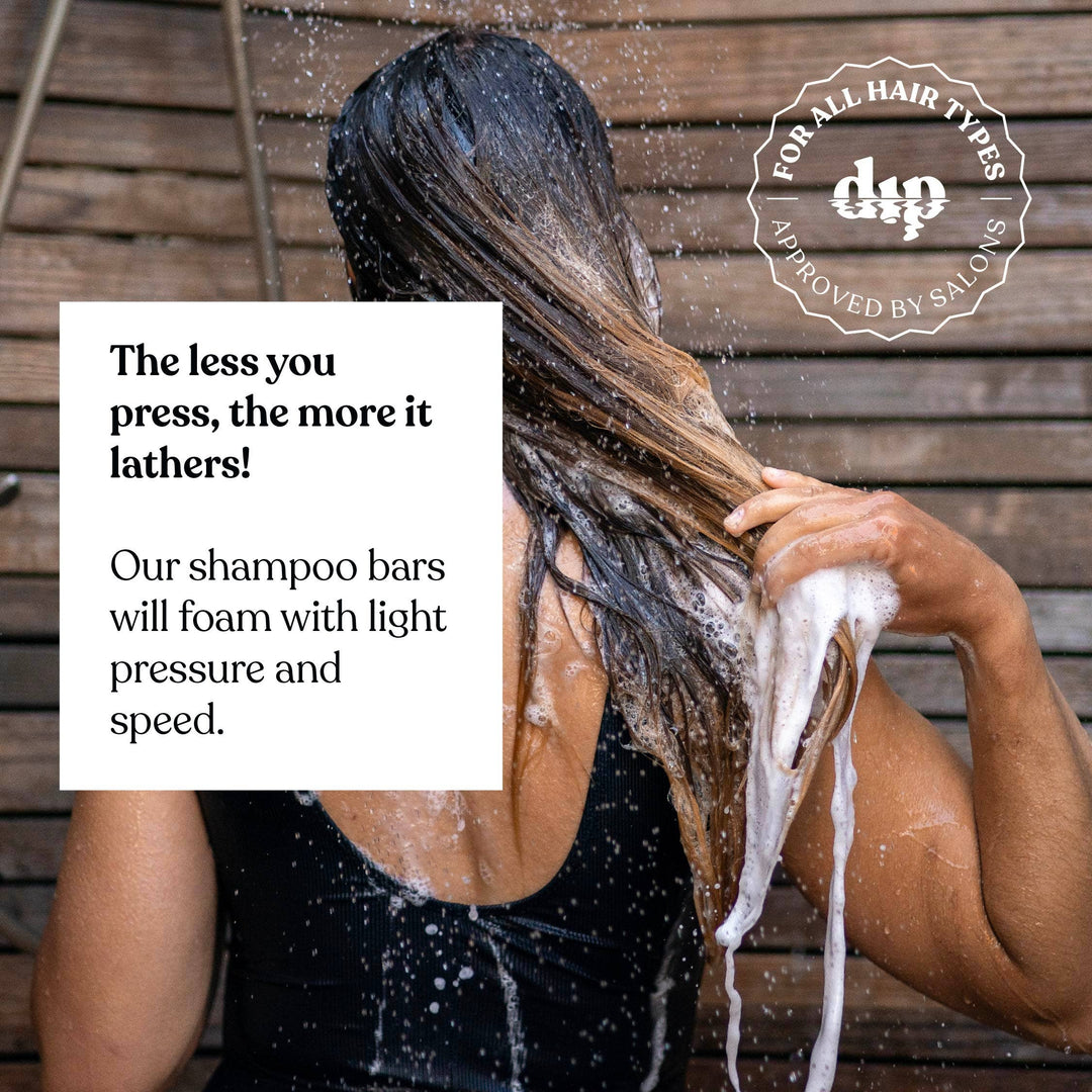 Person washing hair with shampoo, text overlay about shampoo bars, and Dip logo.