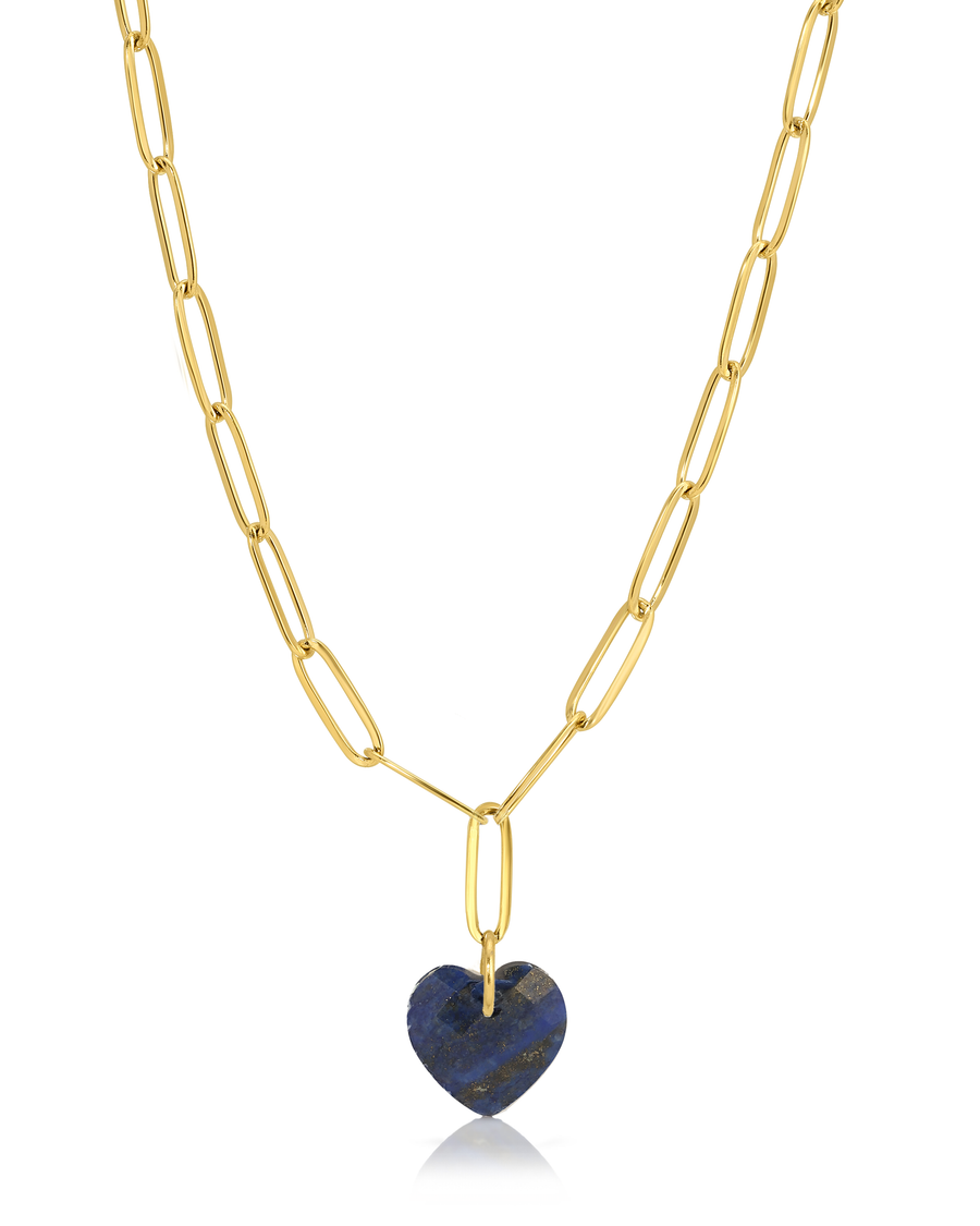 Gold chain necklace with a heart-shaped blue stone pendant on a white background