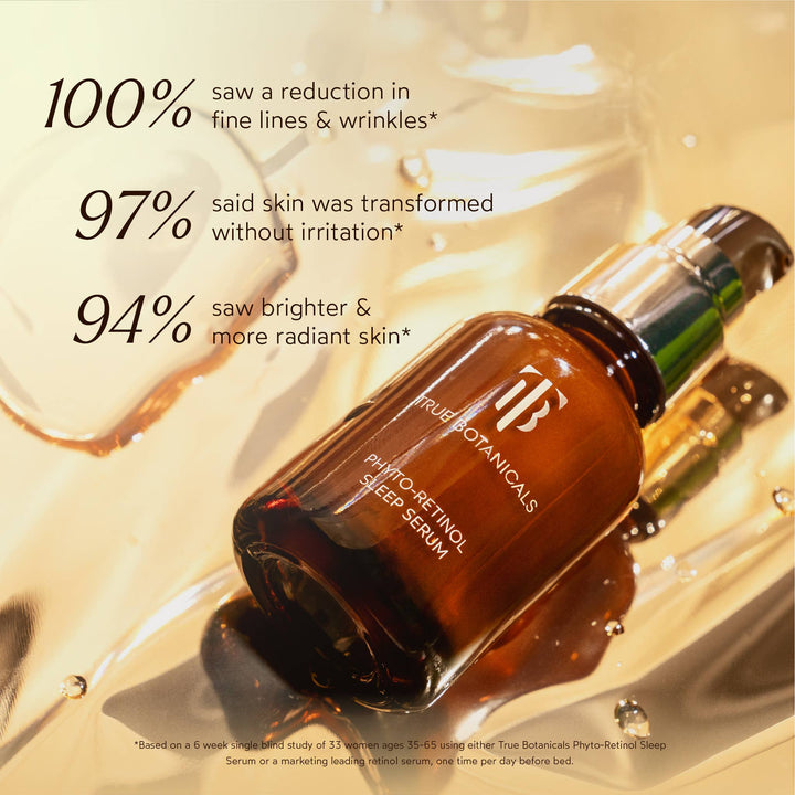 True Botanicals Phyto Retinol Serum bottle with skincare benefits text on a reflective surface