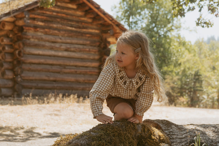 Organic Ruffle Button Top | Oat Gingham