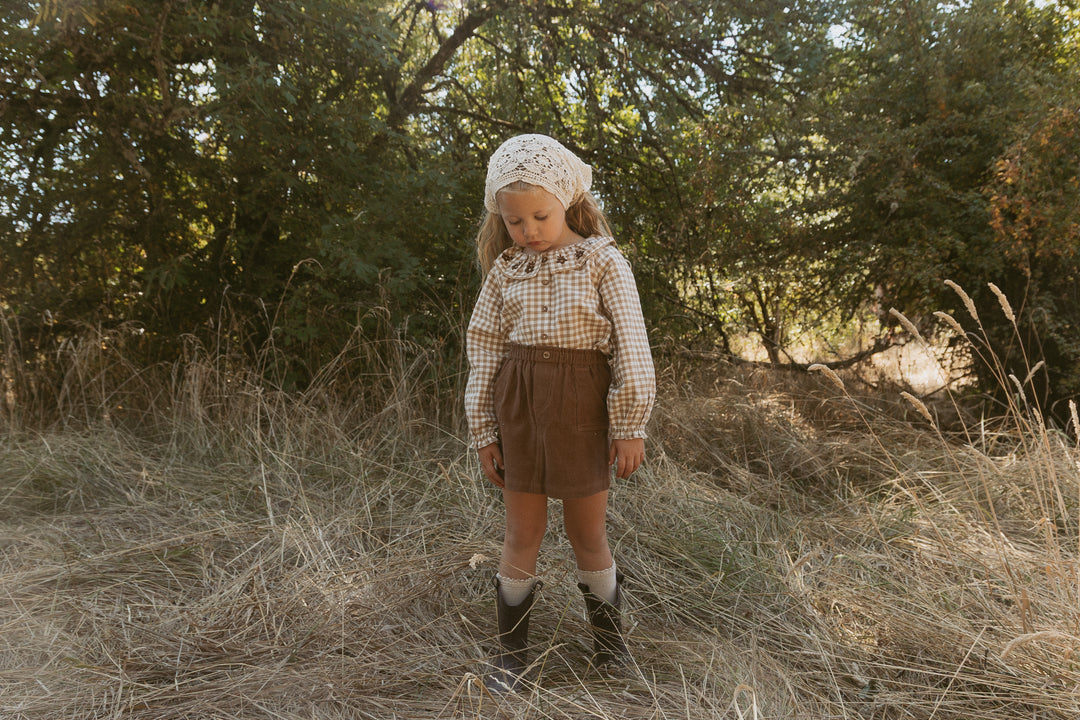 Organic Ruffle Button Top | Oat Gingham
