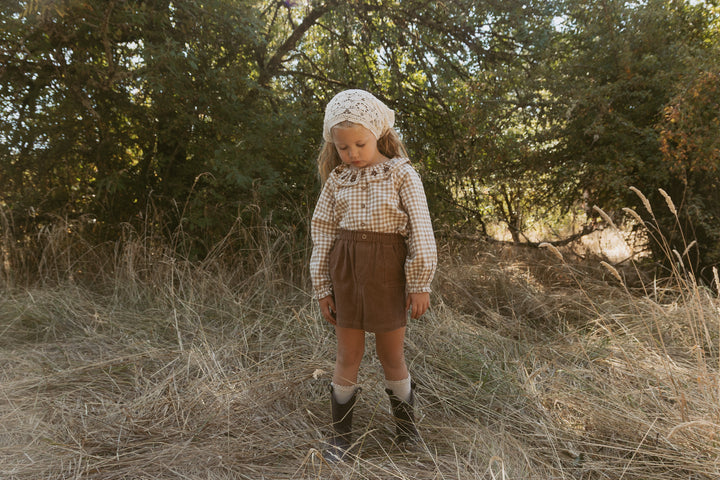 Organic Ruffle Button Top | Oat Gingham
