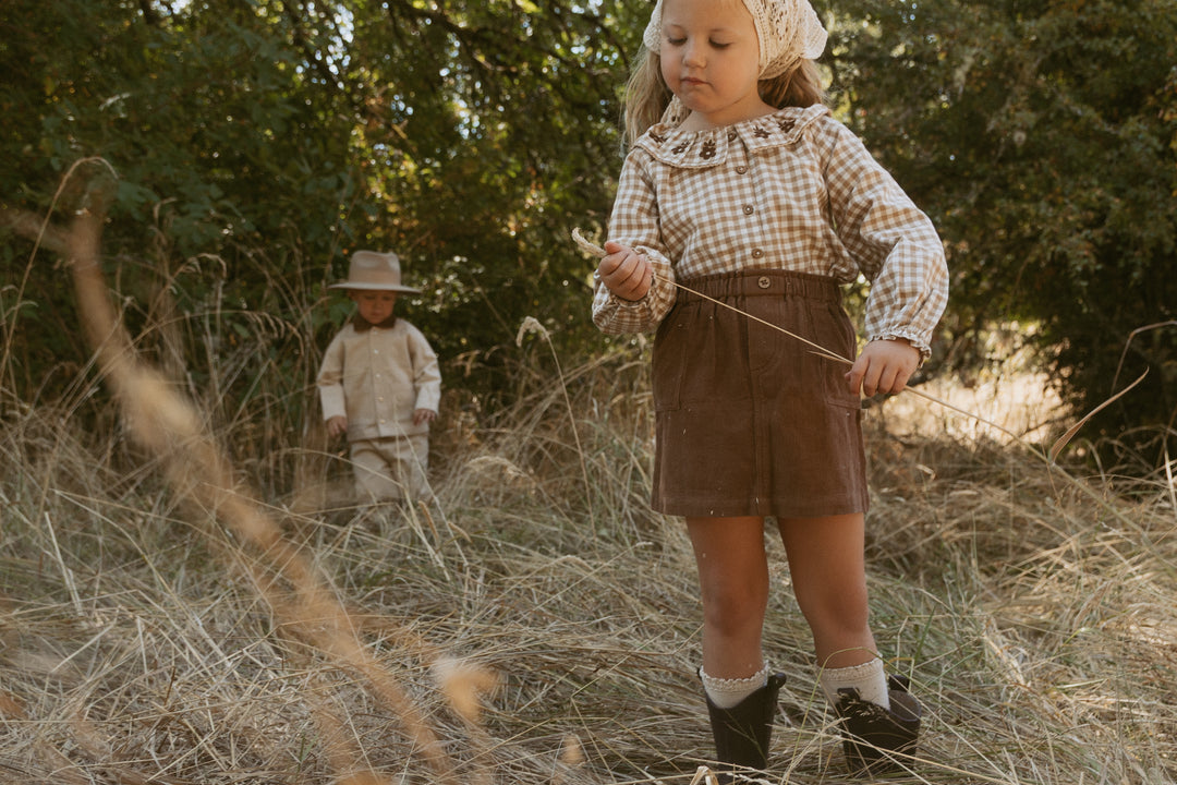 Organic Ruffle Button Top | Oat Gingham