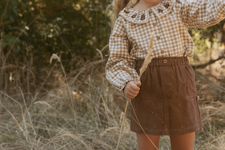 Organic Ruffle Button Top | Oat Gingham