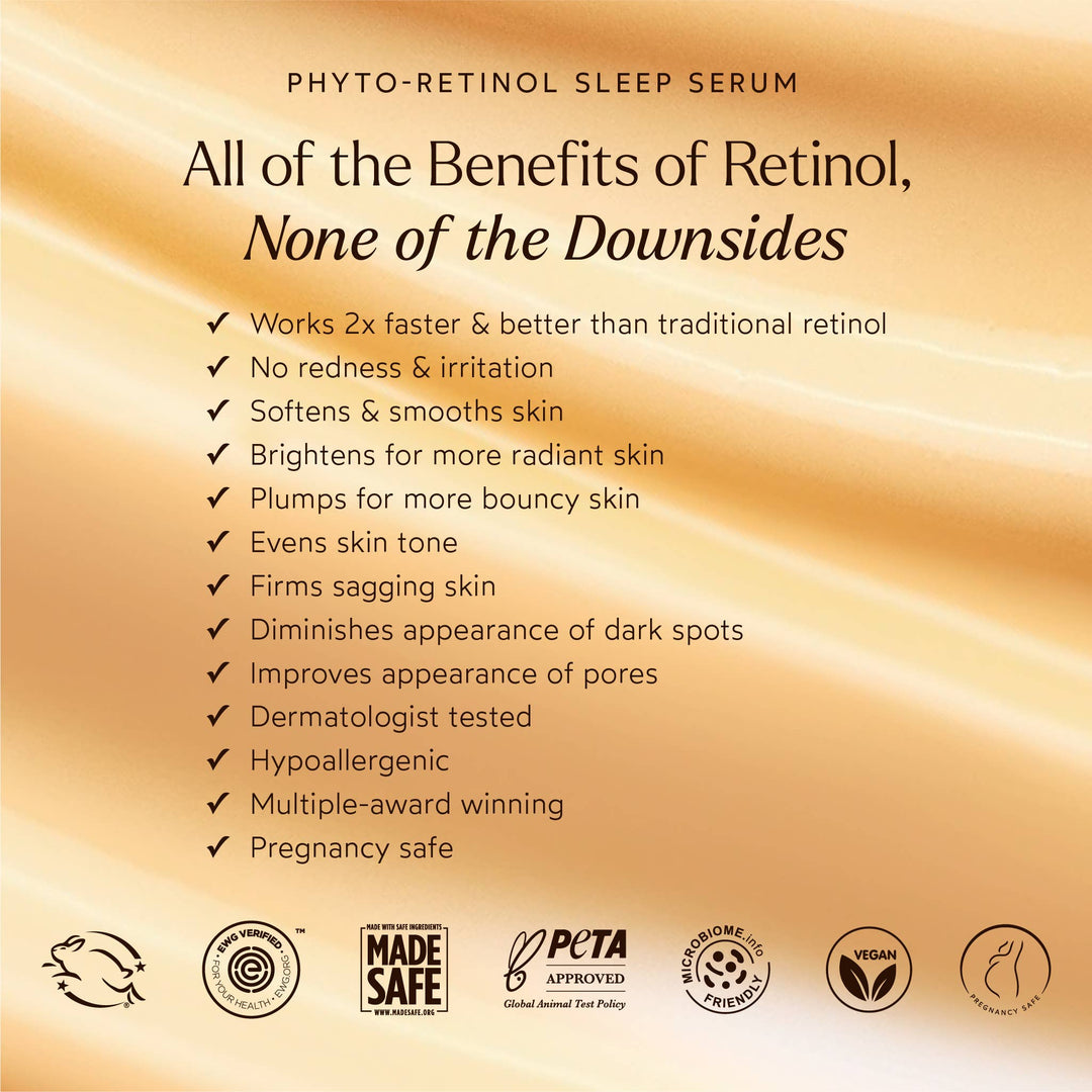 Advertisement for Phyto-Retinol Sleep Serum with benefits listed on a beige background.
