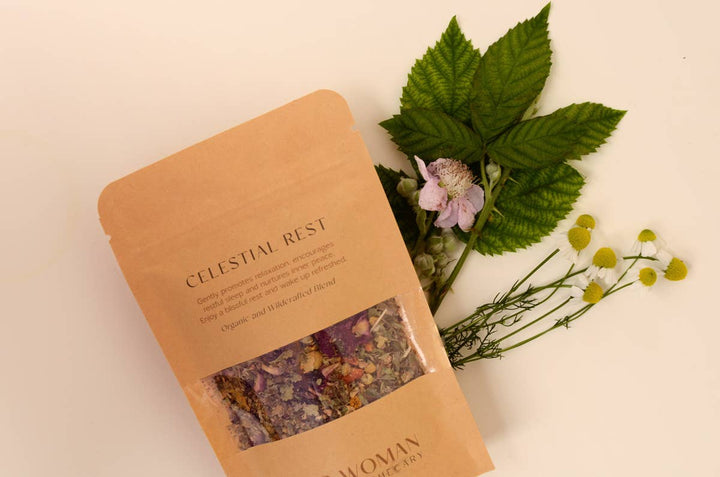 Herbal tea package labeled 'Celestial Rest' with flowers on a beige background