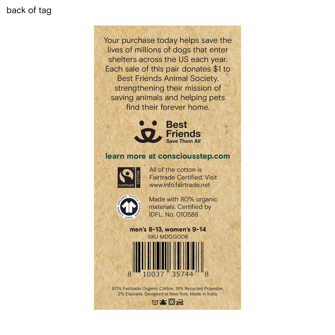 Back of a tag with text and branding related to Best Friends Animal Society and conscious step brand.
