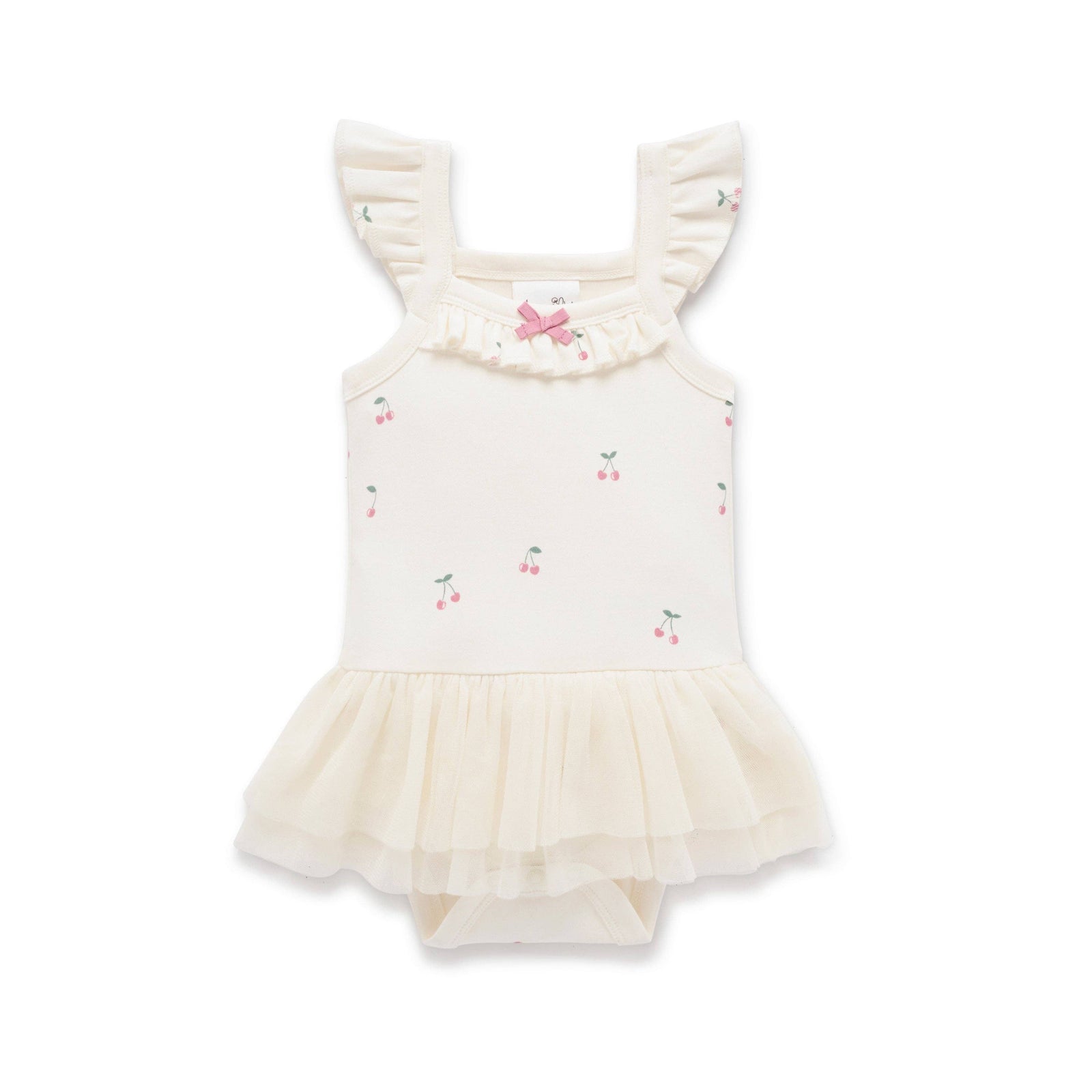White Tutu Singlet Onesie with cherry pattern and ruffled sleeves on a white background