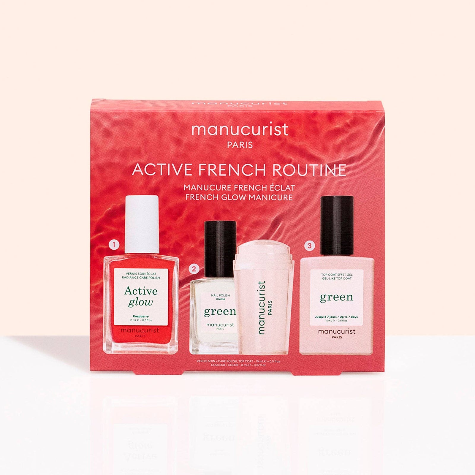 Manucurist Active French Routine set with four bottles in a red box on a light pink background