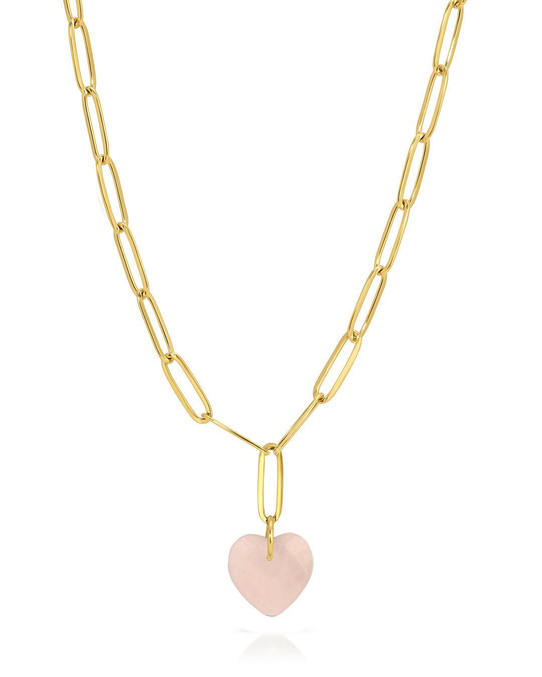 Gold chain necklace with a pink heart pendant on a white background