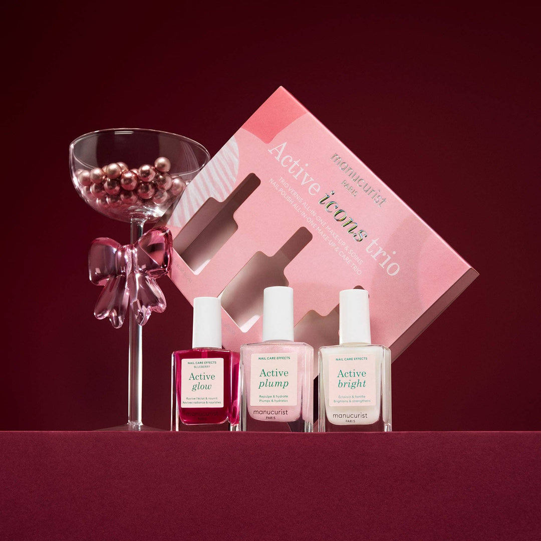 Three Nail polish bottles with a pink box labeled 'Active Icon' on a red background