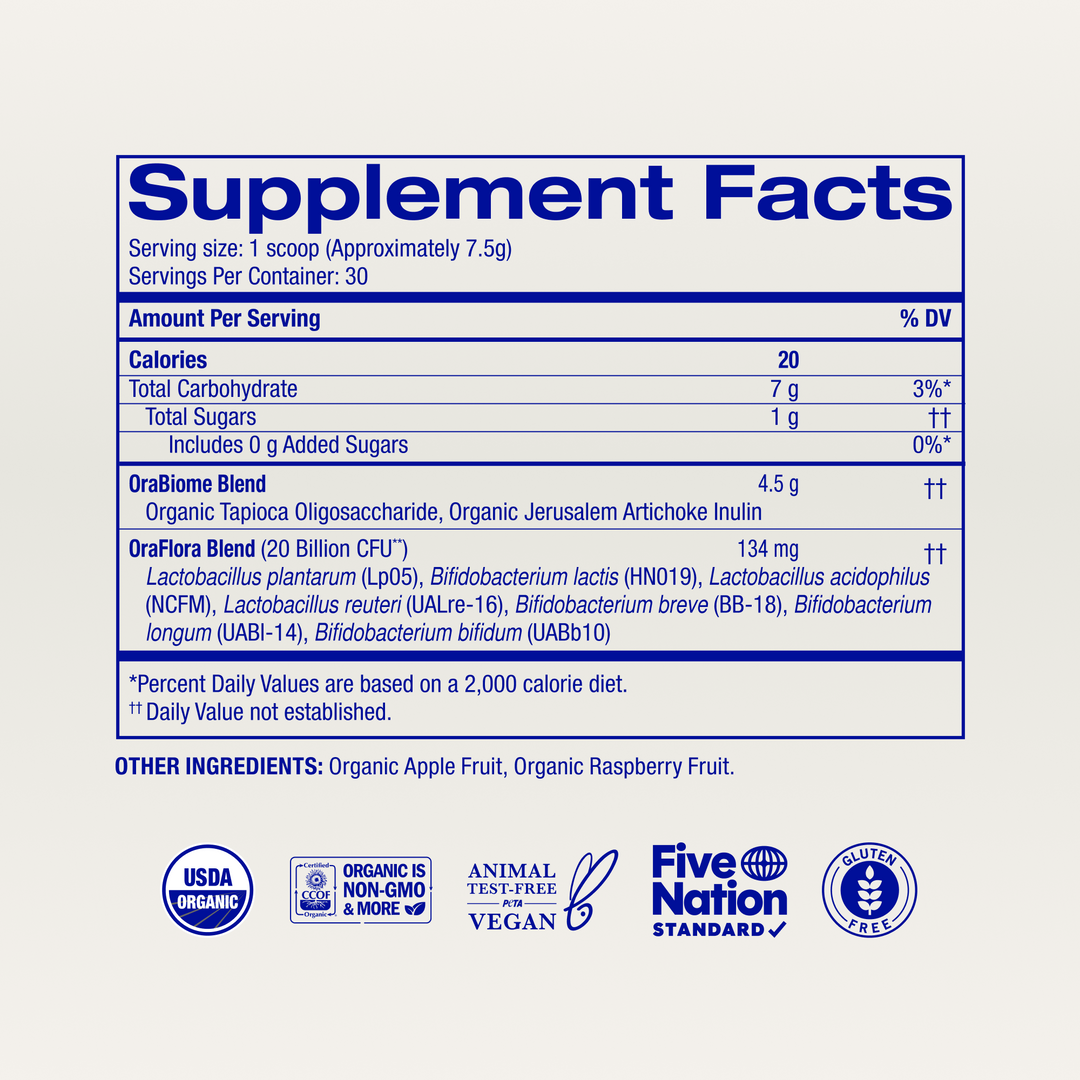 Supplement facts label with nutritional information and branding on a white background