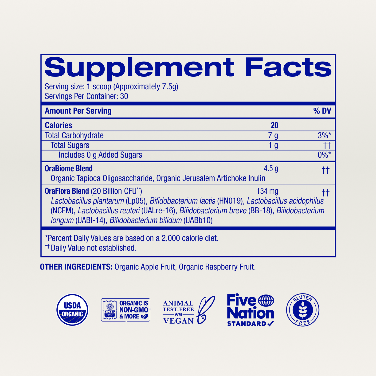 Supplement facts label with nutritional information and branding on a white background