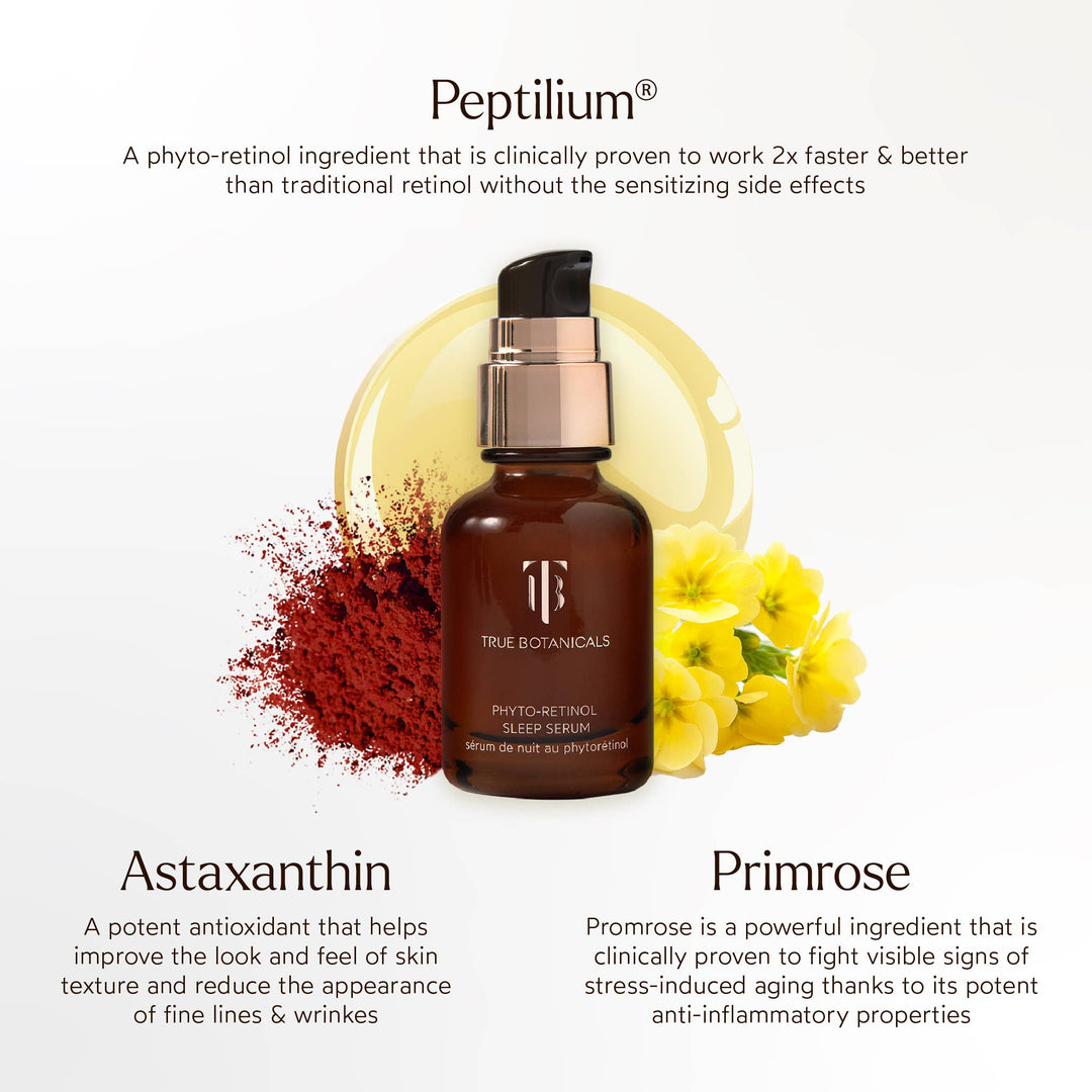 True Botanicals skincare product with astaxanthin and primrose text on a white background