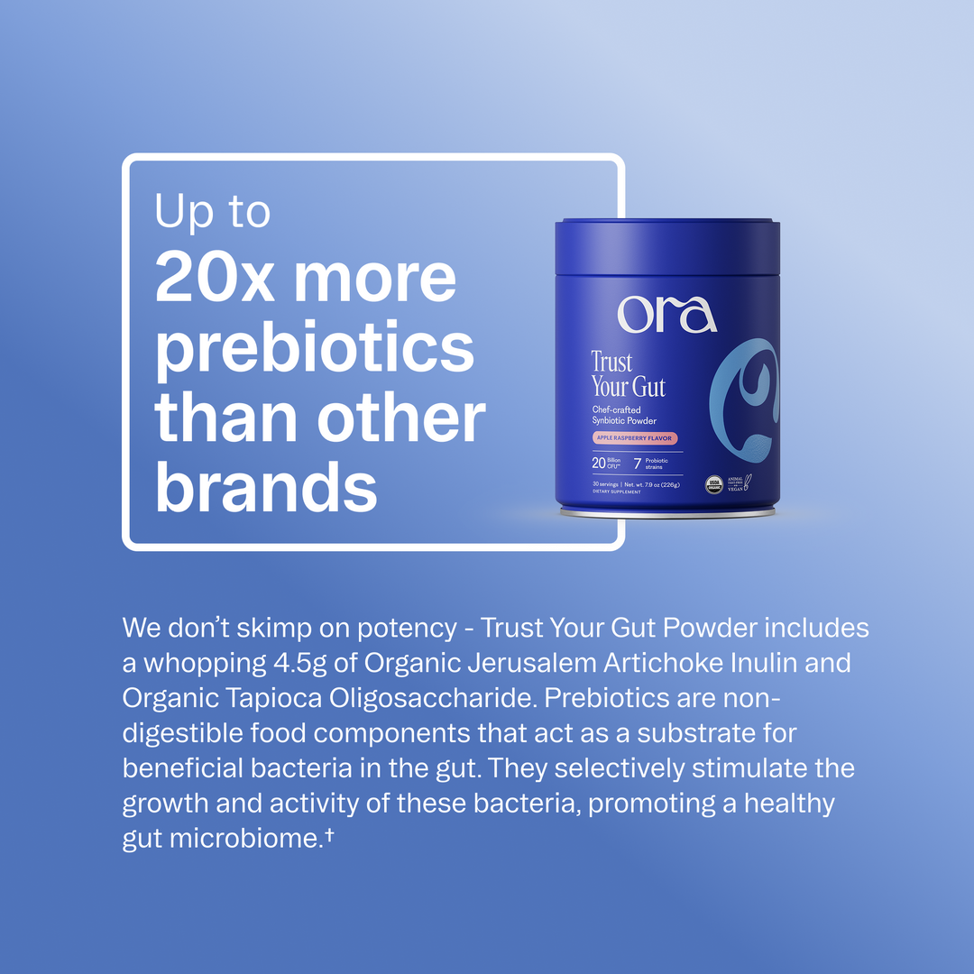 Ora prebiotic powder container with promotional text on a blue background