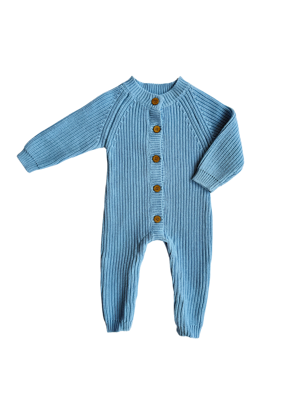 Blue ribbed baby romper with buttons on a white background