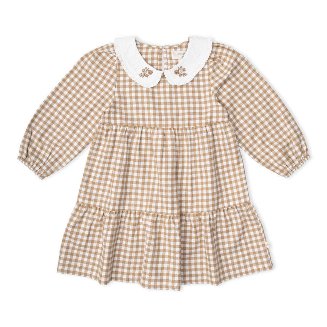 Organic Collar Tiered Dress | Oat Gingham