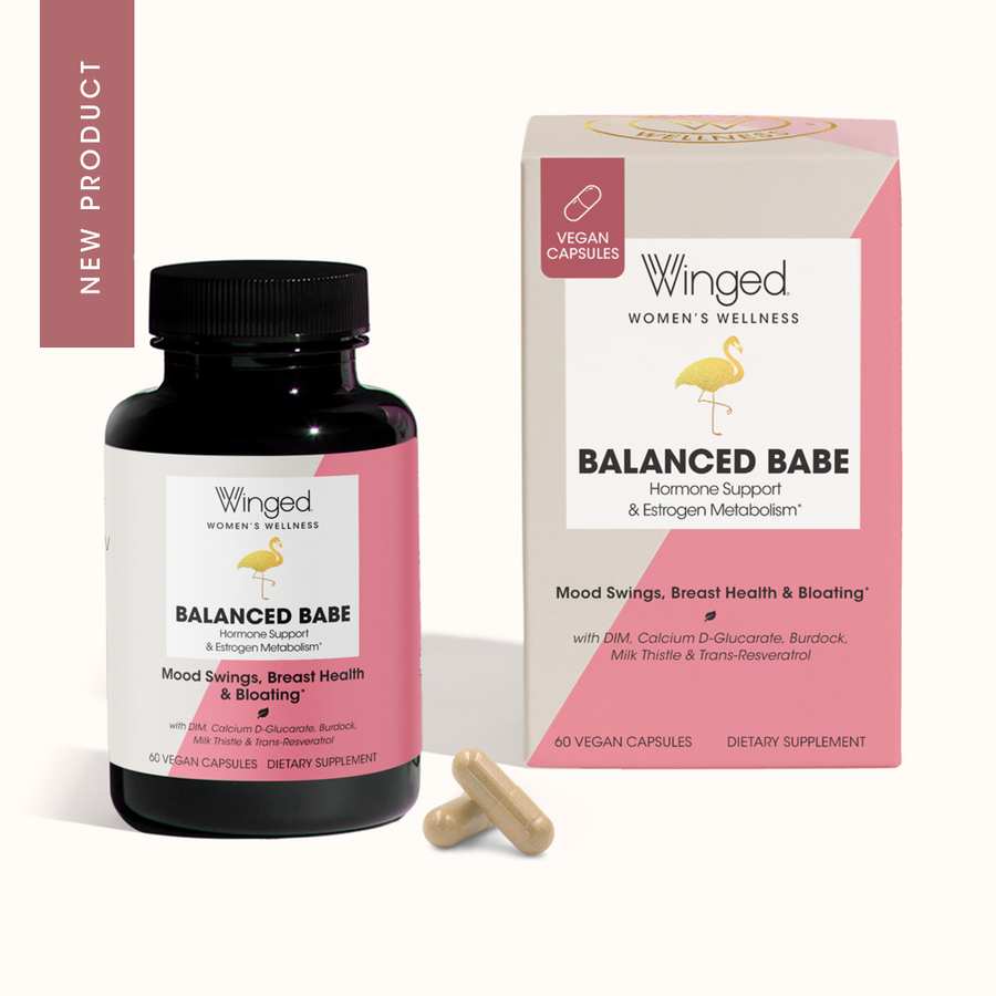 Winged Women's Wellness Balanced Babe supplement bottle and packaging on a white background