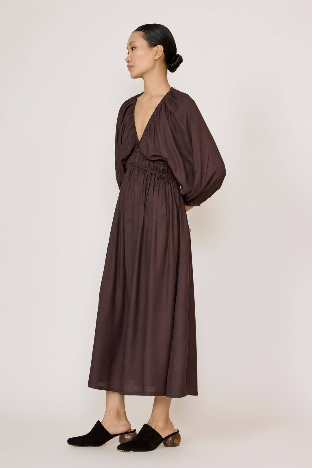 Gathered Plunge Dress | Chocolate Brown