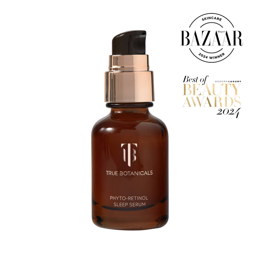 True Botanicals Phyto-Retinol Sleep Serum bottle with Bazaar Best of Beauty Awards 2024 logo on a white background