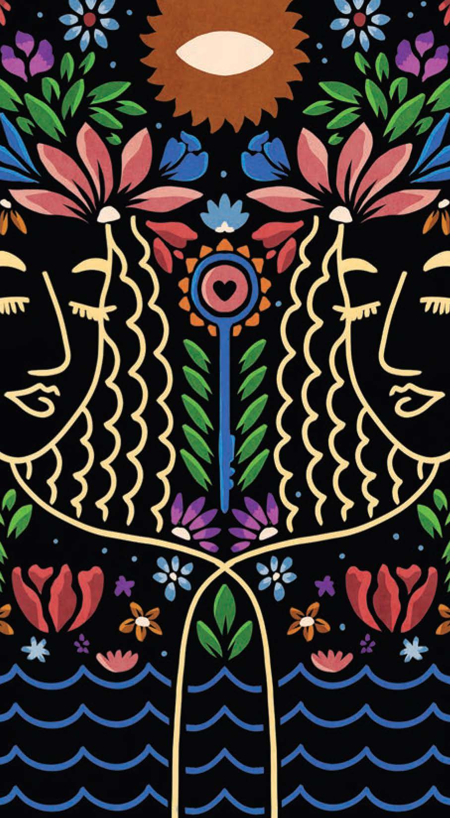 Colorful abstract design with faces, flowers, and patterns on a black background