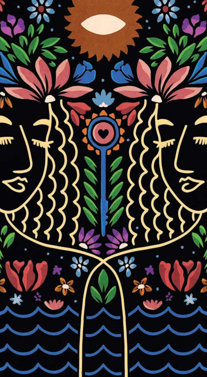 Colorful abstract design with faces, flowers, and patterns on a black background