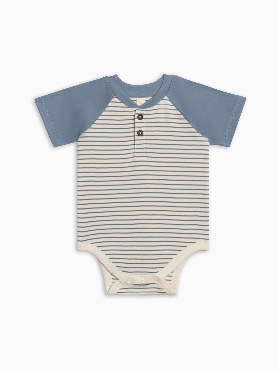 Colored Organics' Sosa Raglan Henley Bodysuit in Bay Stripe | Ivory + Sea on a white background