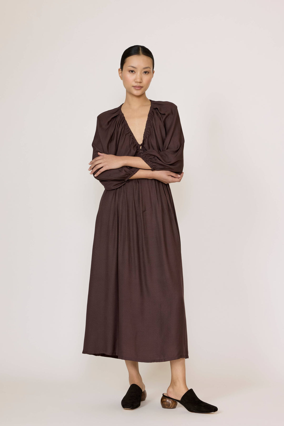 Gathered Plunge Dress | Chocolate Brown