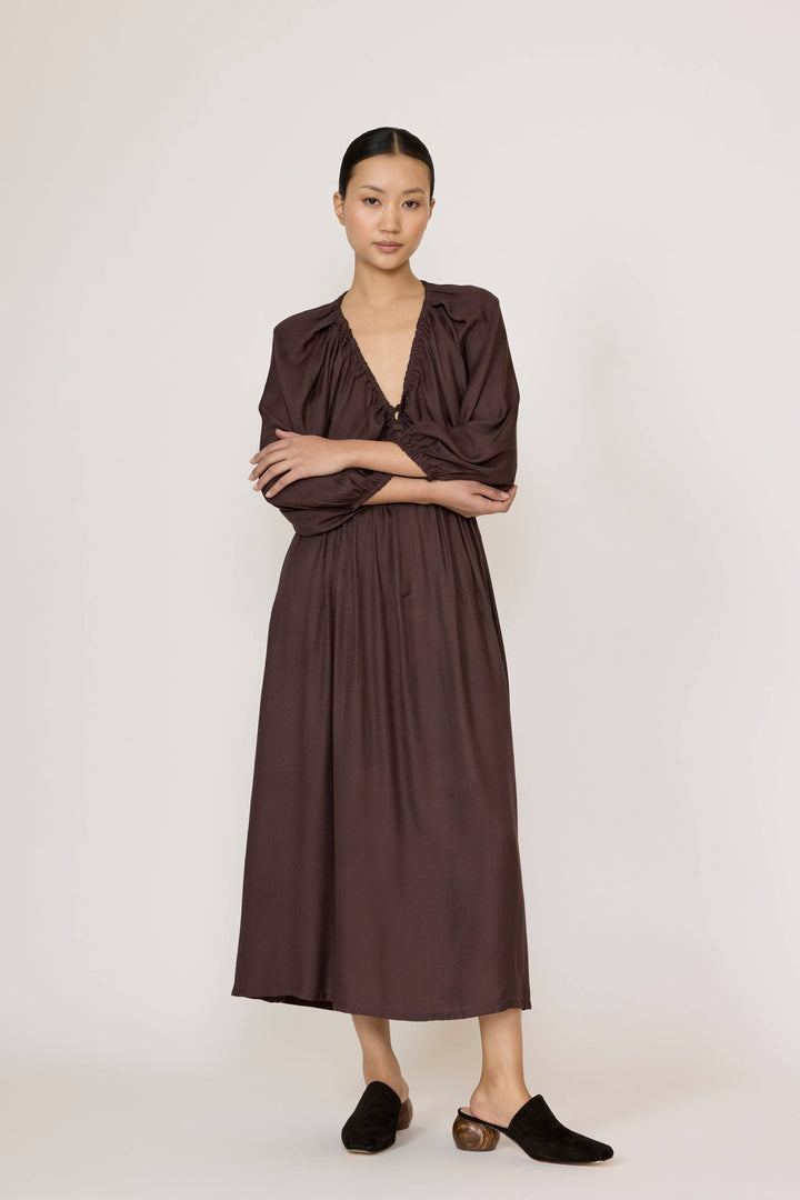 Gathered Plunge Dress | Chocolate Brown