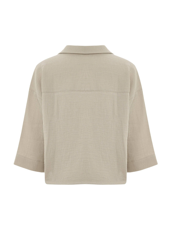 Back of Handloom oatmeal aura shirt on white background