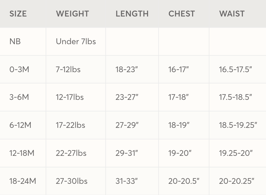 A size chart table with columns for Size, Weight, Length, Chest, and Waist. The rows list sizes from NB to 18-24M with weight and measurement ranges in pounds and inches.