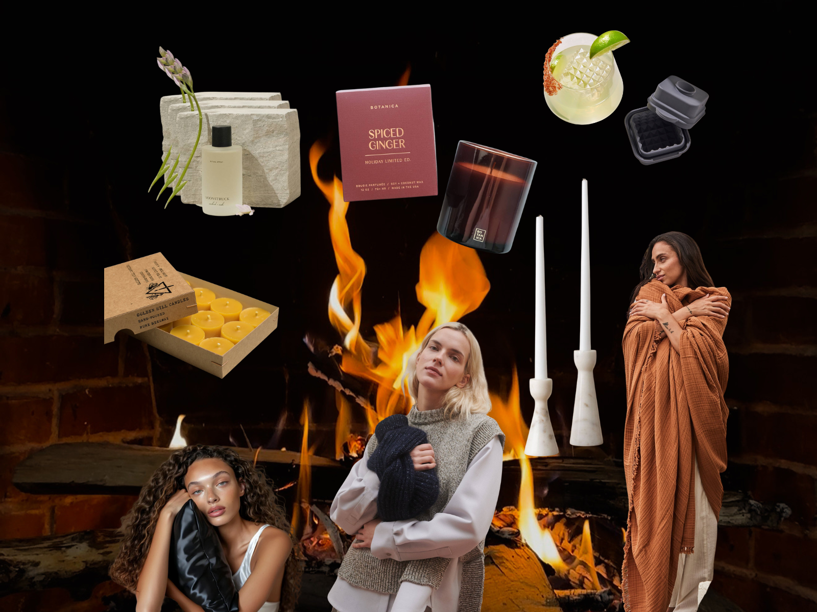 Collage of products and people in front of a fireplace