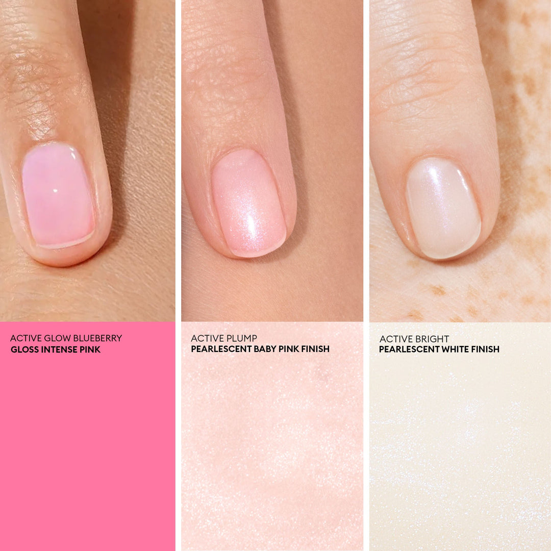 Three nail polish colors shown on a person's nail with color names below.