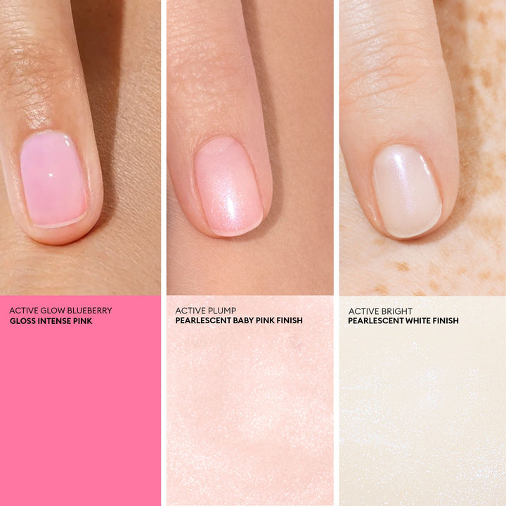 Three nail polish colors shown on a person's nail with color names below.