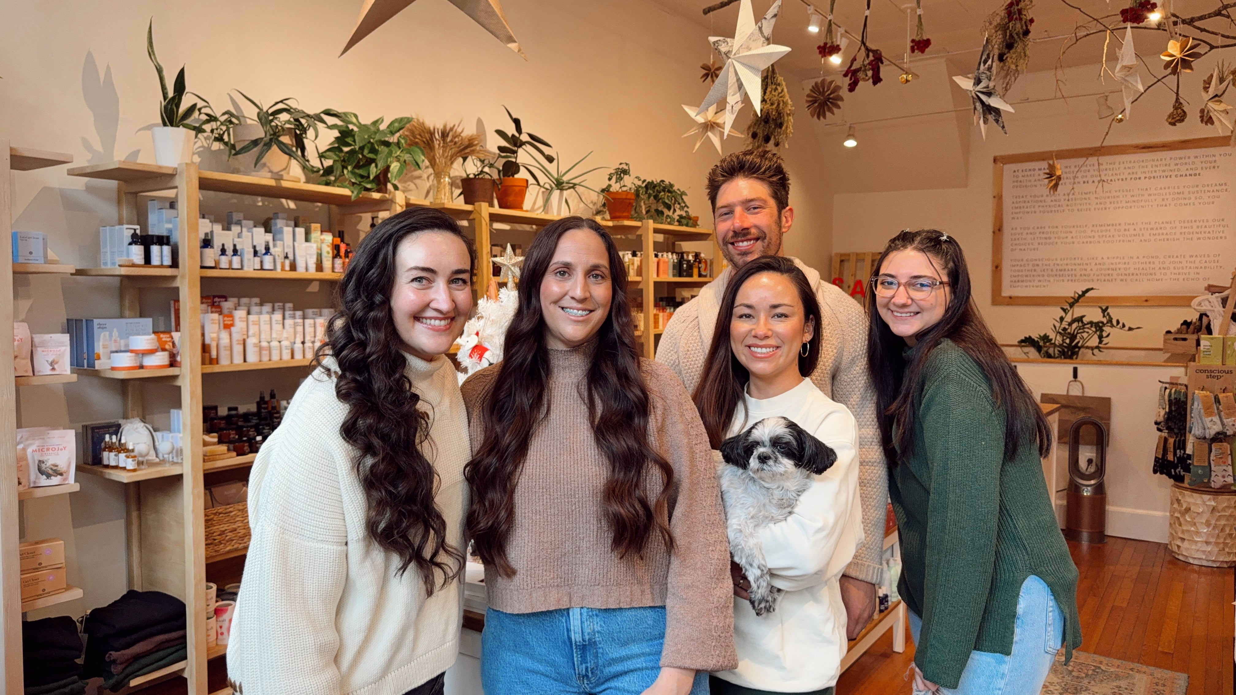 A photo of the Echo Market team at the shop: Paris, Brandi, Victoria, Will, Panda, and Jess.