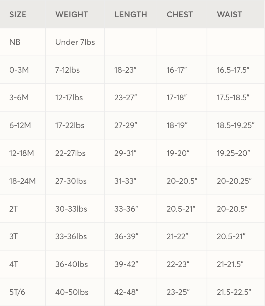 A size chart table with columns for SIZE, WEIGHT, LENGTH, CHEST, and WAIST, listing categories from NB to 5T/6 with weight and measurement ranges.